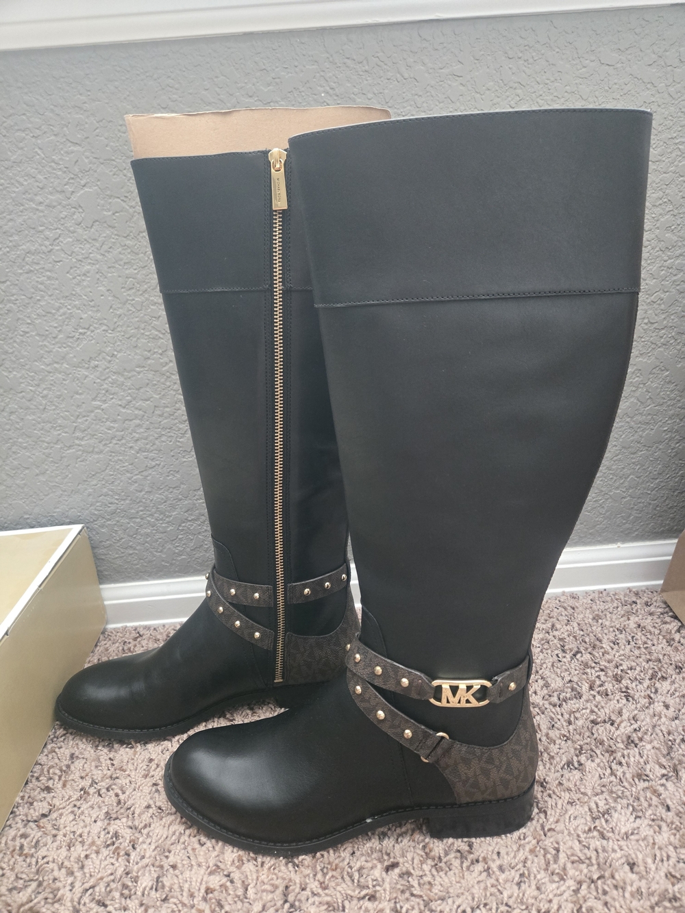 Michael Kors Kincaid Black Tall MK Logo Riding Boots